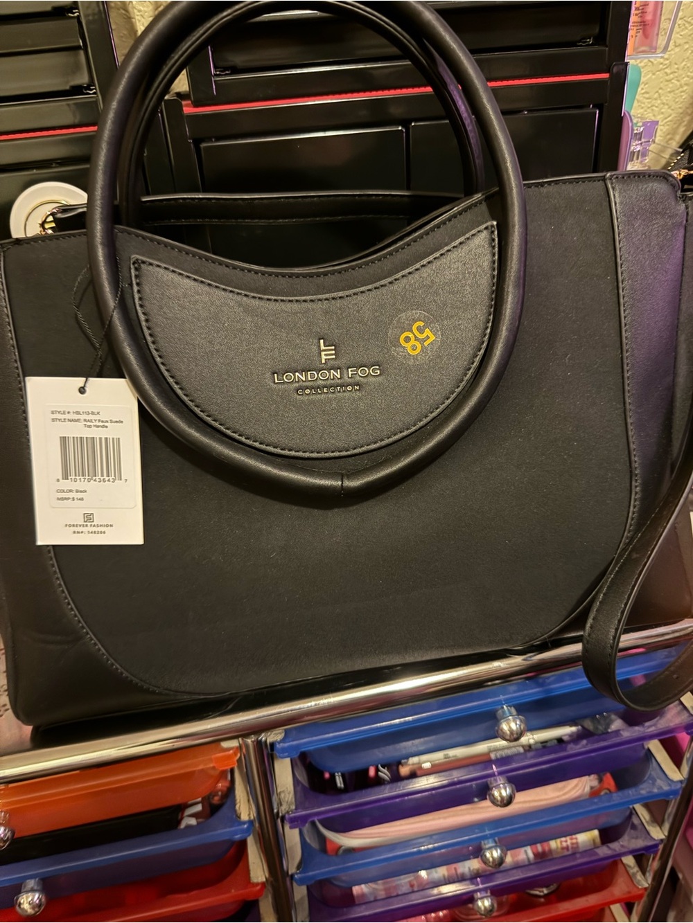 London Fog Black Structured Tote with Circular Handles